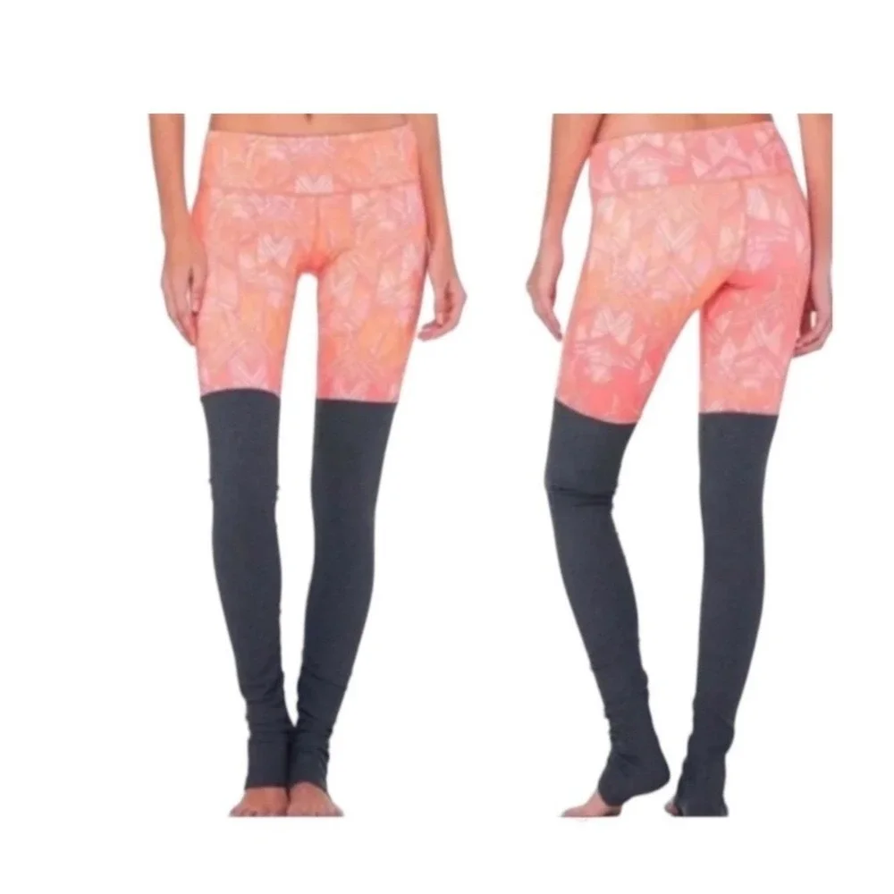 Alo Yoga Leggings Pants Goddess Geometric Print Coral Orange Ribbed Leg Sz Small